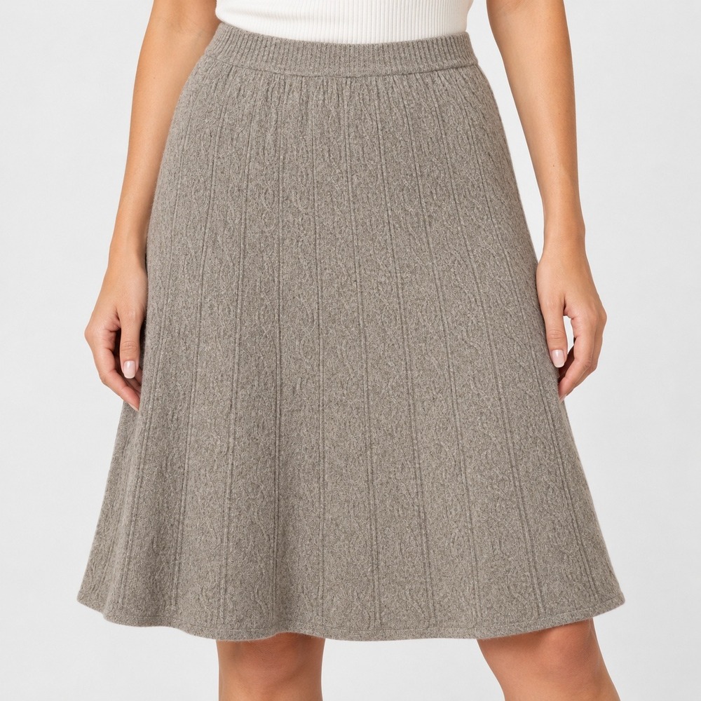 Cable Knit Midi Skirt Taupe Brown Elastic Waist A-Line Casual Elegant